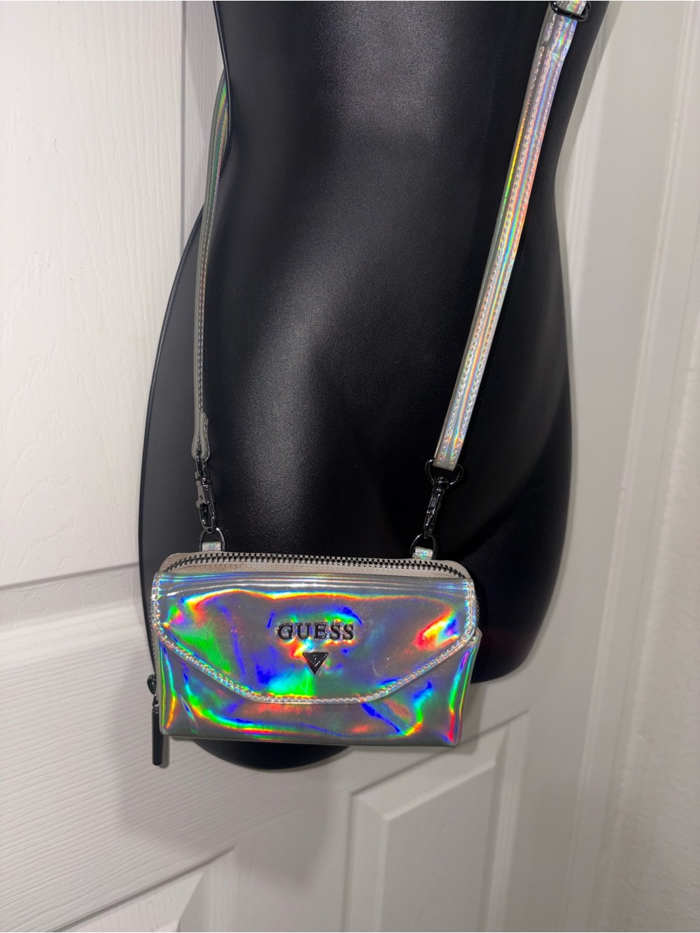 GUESS Holographic Iridescent Silver Wristlet Clutch w/ Removable Shoulder Strap